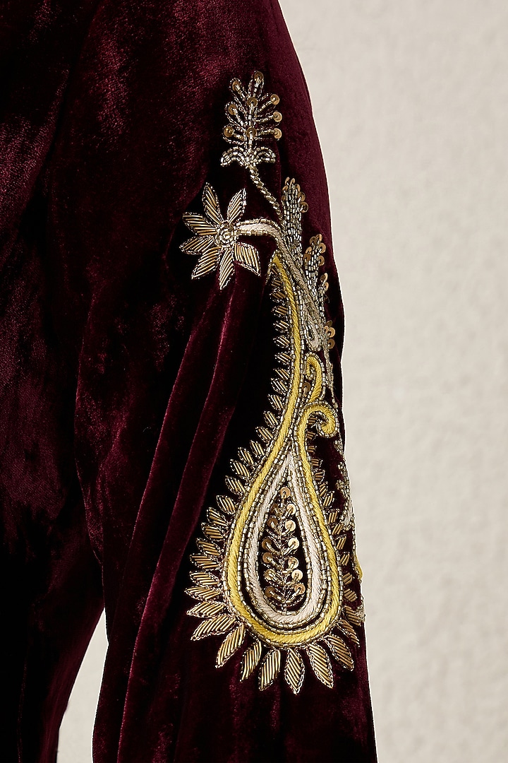 Maroon Silk Velvet Hand Embroidered Jacket by First Resort by Ramola Bachchan at Pernia's Pop Up Shop