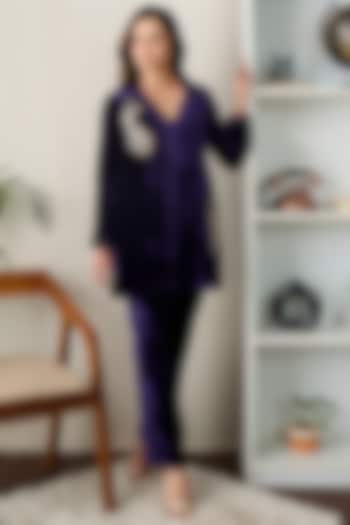 Purple Silk Velvet Hand Embroidered Co-Ord Set by First Resort by Ramola Bachchan at Pernia's Pop Up Shop