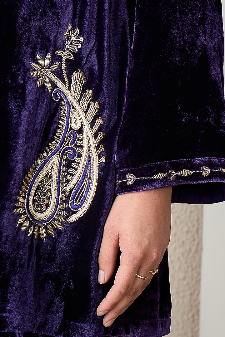 Purple Silk Velvet Hand Embroidered Co-Ord Set by First Resort by Ramola Bachchan at Pernia's Pop Up Shop
