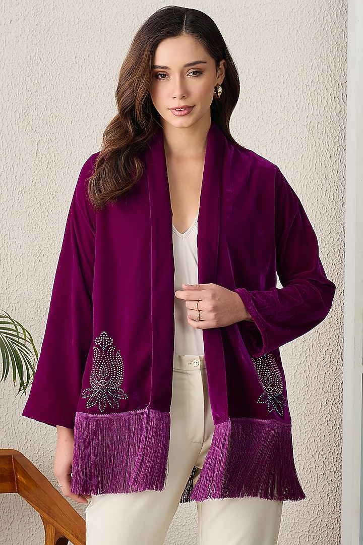 Magenta Micro Velvet Embroidered Shrug by First Resort by Ramola Bachchan at Pernia's Pop Up Shop
