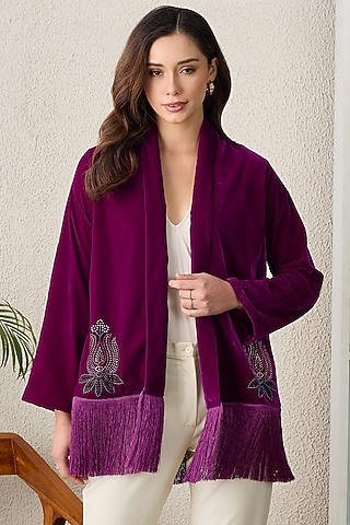 Magenta Micro Velvet Embroidered Shrug by First Resort by Ramola Bachchan