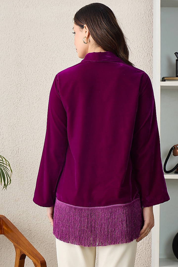 Magenta Micro Velvet Embroidered Shrug by First Resort by Ramola Bachchan at Pernia's Pop Up Shop