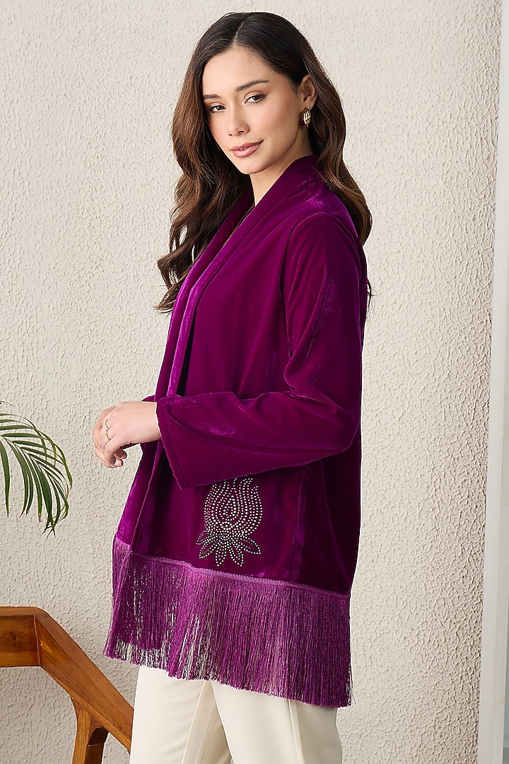 Magenta Micro Velvet Embroidered Shrug by First Resort by Ramola Bachchan at Pernia's Pop Up Shop