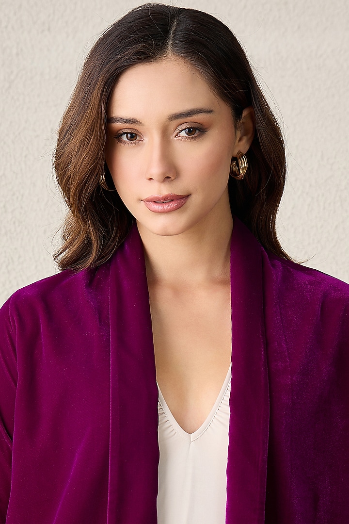 Magenta Micro Velvet Embroidered Shrug by First Resort by Ramola Bachchan at Pernia's Pop Up Shop
