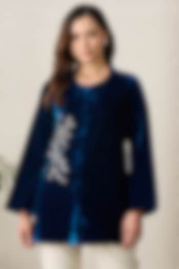 Teal Micro Velvet Embellished Jacket by First Resort by Ramola Bachchan at Pernia's Pop Up Shop