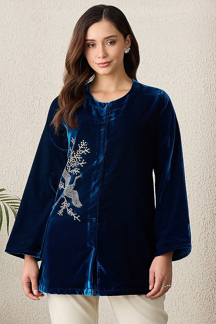 Teal Micro Velvet Embellished Jacket by First Resort by Ramola Bachchan at Pernia's Pop Up Shop