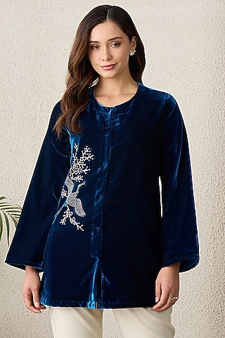 Teal Micro Velvet Embellished Jacket by First Resort by Ramola Bachchan
