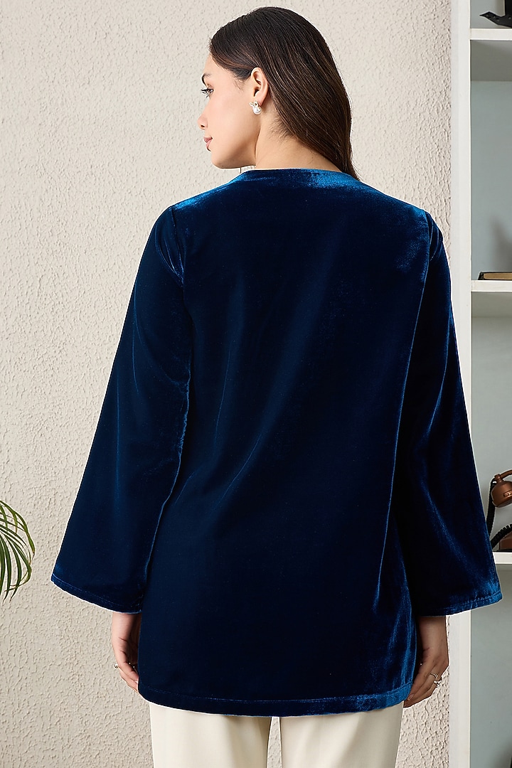 Teal Micro Velvet Embellished Jacket by First Resort by Ramola Bachchan at Pernia's Pop Up Shop