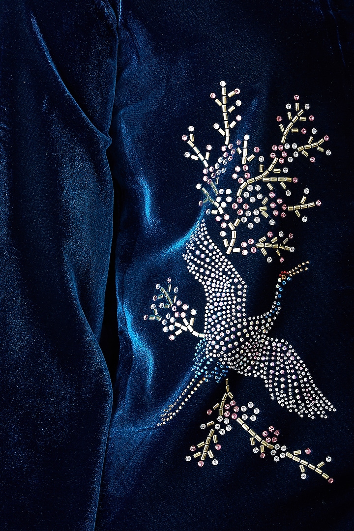 Teal Micro Velvet Embellished Jacket by First Resort by Ramola Bachchan at Pernia's Pop Up Shop