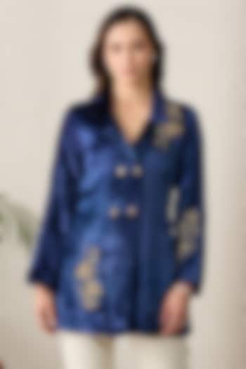 Prussian Blue Viscose Velvet Floral Embroidered Jacket by First Resort by Ramola Bachchan at Pernia's Pop Up Shop