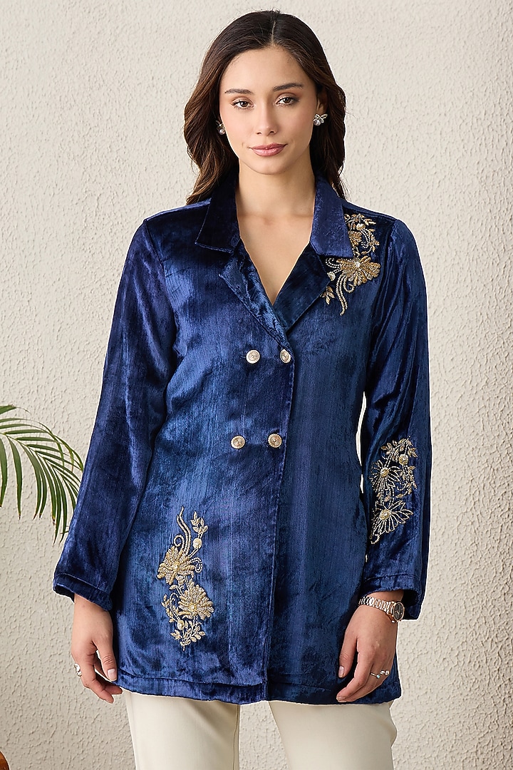Prussian Blue Viscose Velvet Floral Embroidered Jacket by First Resort by Ramola Bachchan at Pernia's Pop Up Shop