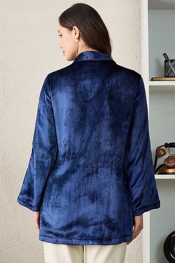 Prussian Blue Viscose Velvet Floral Embroidered Jacket by First Resort by Ramola Bachchan at Pernia's Pop Up Shop