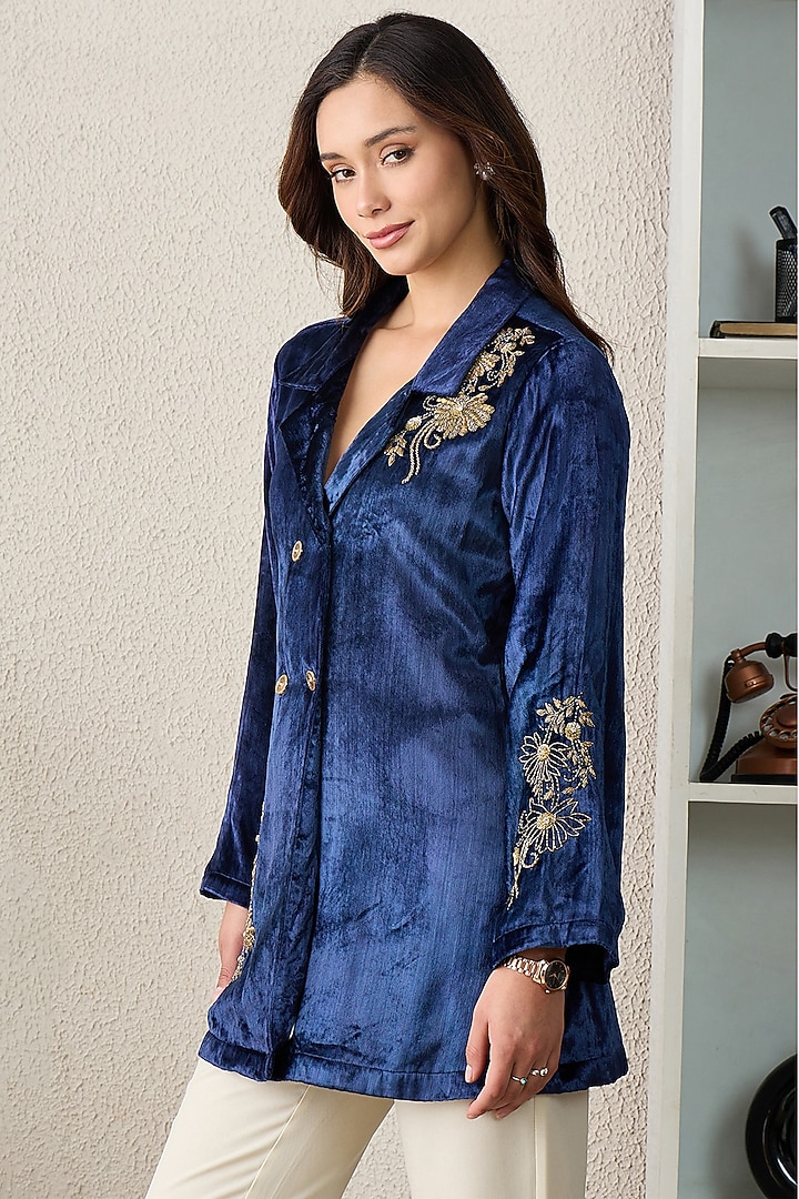 Prussian Blue Viscose Velvet Floral Embroidered Jacket by First Resort by Ramola Bachchan at Pernia's Pop Up Shop