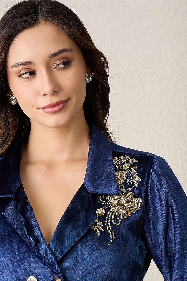Prussian Blue Viscose Velvet Floral Embroidered Jacket by First Resort by Ramola Bachchan at Pernia's Pop Up Shop