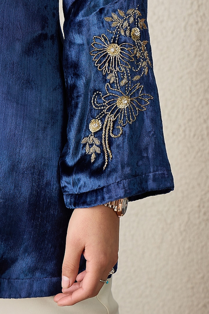 Prussian Blue Viscose Velvet Floral Embroidered Jacket by First Resort by Ramola Bachchan at Pernia's Pop Up Shop