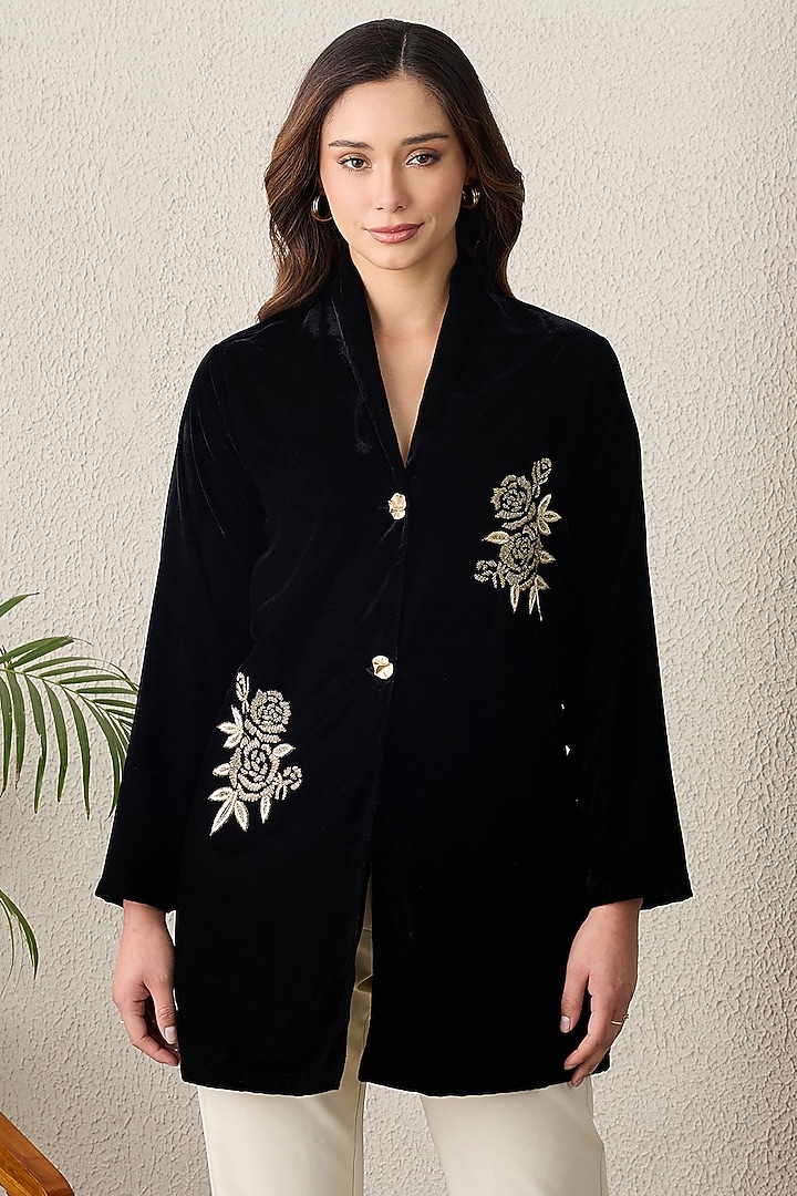 Black Micro Velvet Hand Embroidered Jacket by First Resort by Ramola Bachchan at Pernia's Pop Up Shop