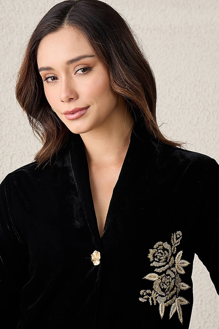Black Micro Velvet Hand Embroidered Jacket by First Resort by Ramola Bachchan at Pernia's Pop Up Shop