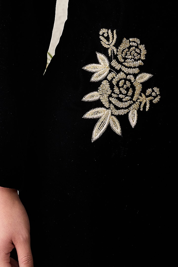 Black Micro Velvet Hand Embroidered Jacket by First Resort by Ramola Bachchan at Pernia's Pop Up Shop