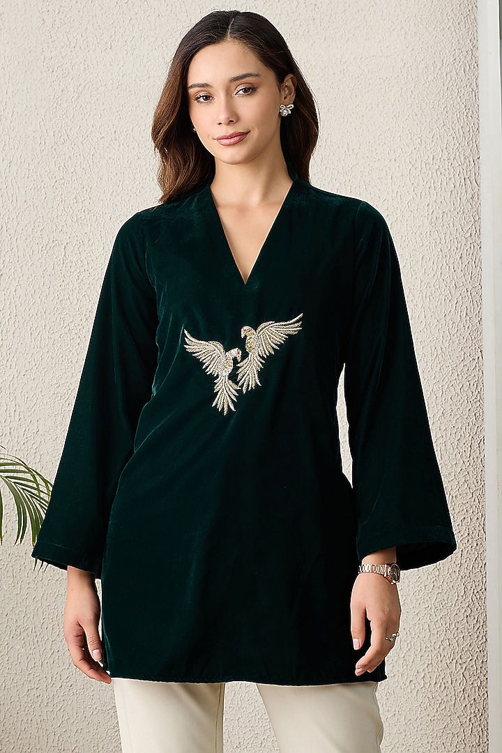 Green Micro Velvet Hand Embroidered Top by First Resort by Ramola Bachchan at Pernia's Pop Up Shop