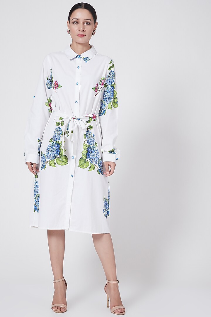 White Floral Printed Summer Shirt Dress With Belt by First Resort by Ramola Bachchan at Pernia's Pop Up Shop