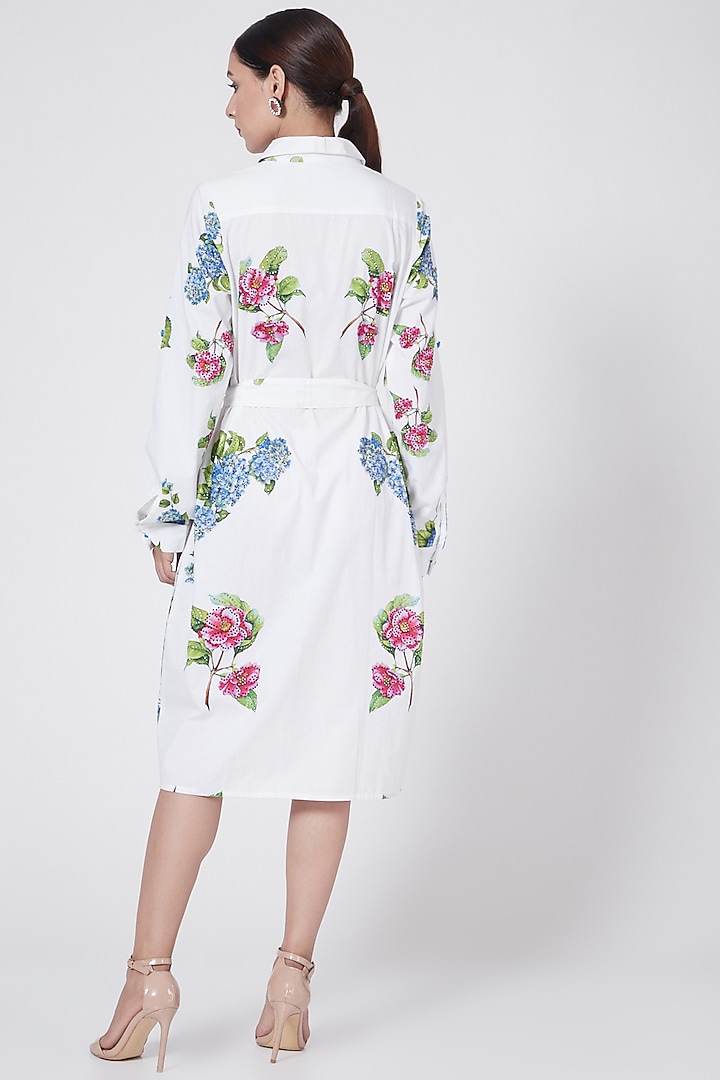 White Floral Printed Summer Shirt Dress With Belt by First Resort by Ramola Bachchan at Pernia's Pop Up Shop