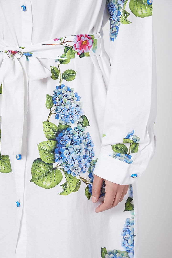 White Floral Printed Summer Shirt Dress With Belt by First Resort by Ramola Bachchan at Pernia's Pop Up Shop