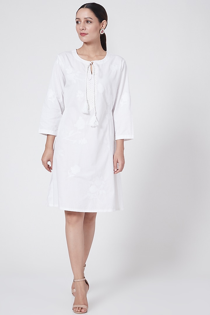 White Embroidered Summer Dress With Tassels by First Resort by Ramola Bachchan at Pernia's Pop Up Shop
