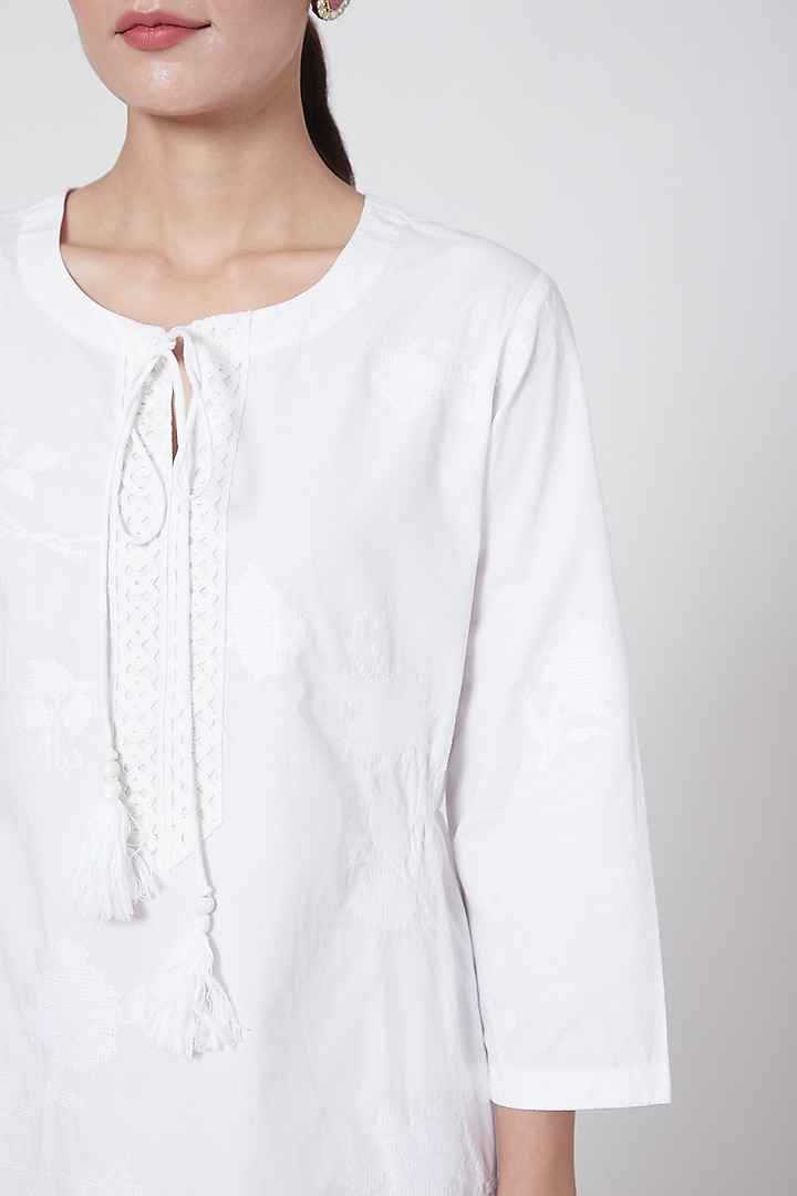 White Embroidered Summer Dress With Tassels by First Resort by Ramola Bachchan at Pernia's Pop Up Shop