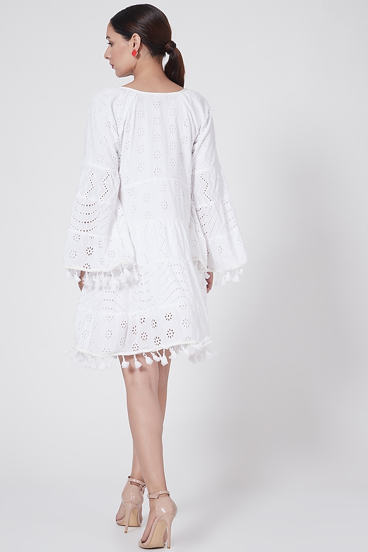 White Tiered Summer Dress With Tassels by First Resort by Ramola Bachchan at Pernia's Pop Up Shop