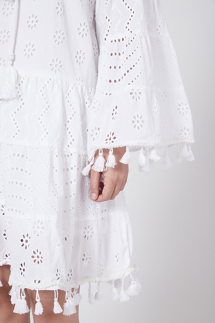 White Tiered Summer Dress With Tassels by First Resort by Ramola Bachchan at Pernia's Pop Up Shop