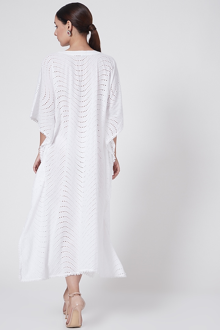 White Eyelet Long Kaftan by First Resort by Ramola Bachchan at Pernia's Pop Up Shop