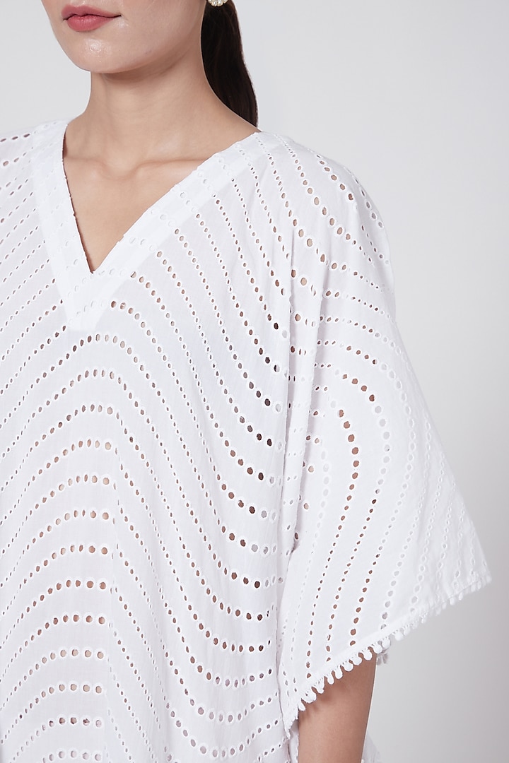 White Eyelet Long Kaftan by First Resort by Ramola Bachchan at Pernia's Pop Up Shop