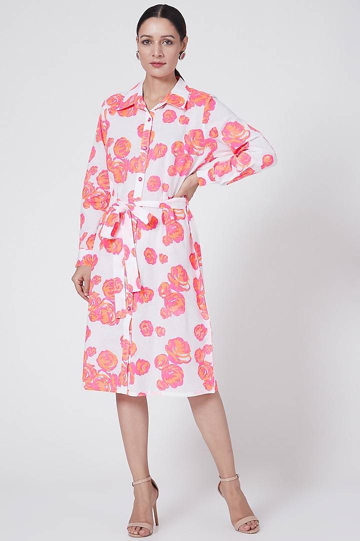 White & Orange Floral Printed Shirt Dress With Belt by First Resort by Ramola Bachchan
