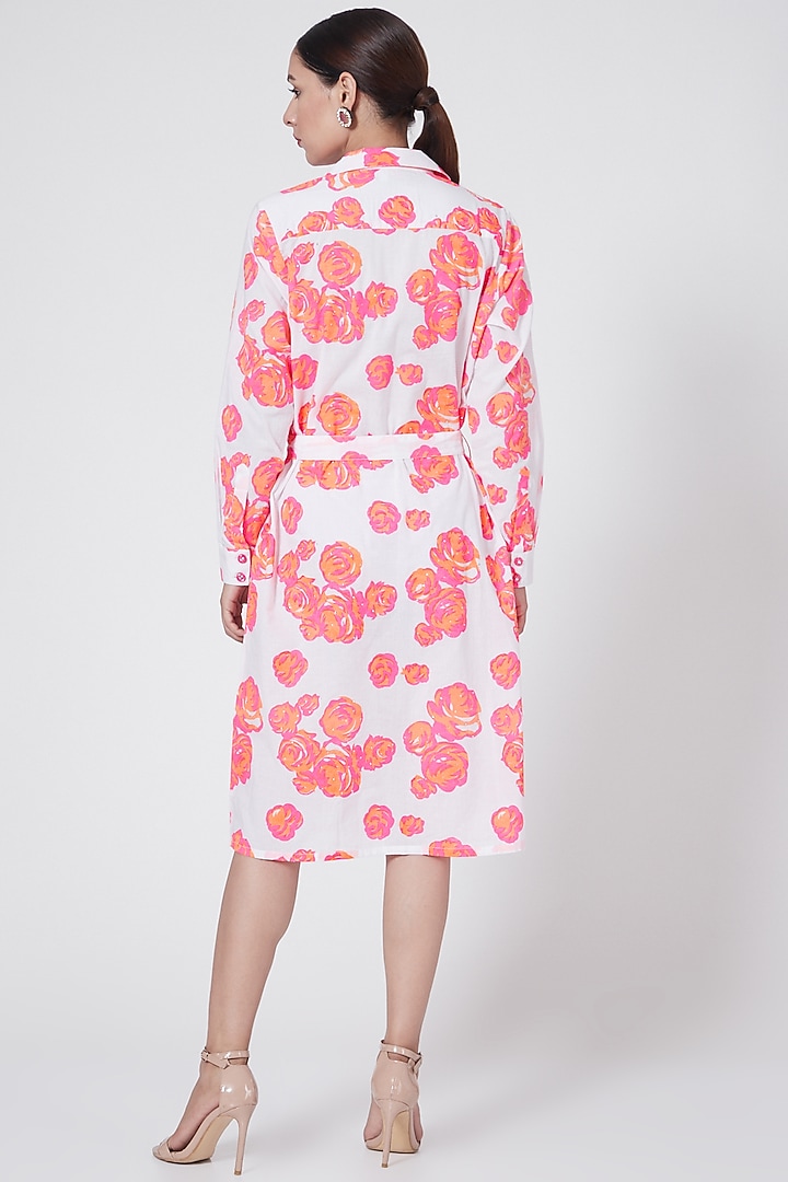 White & Orange Floral Printed Summer Shirt Dress With Belt by First Resort by Ramola Bachchan at Pernia's Pop Up Shop