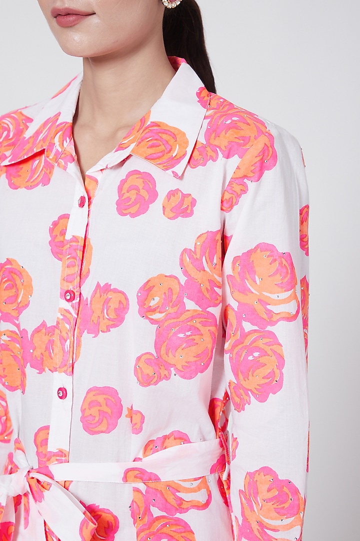 White & Orange Floral Printed Summer Shirt Dress With Belt by First Resort by Ramola Bachchan at Pernia's Pop Up Shop
