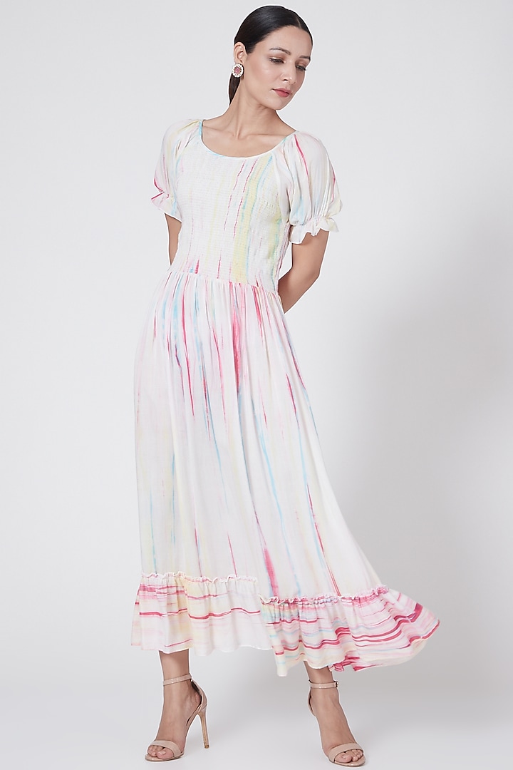 White Tie-Dye Smocked Dress by First Resort by Ramola Bachchan