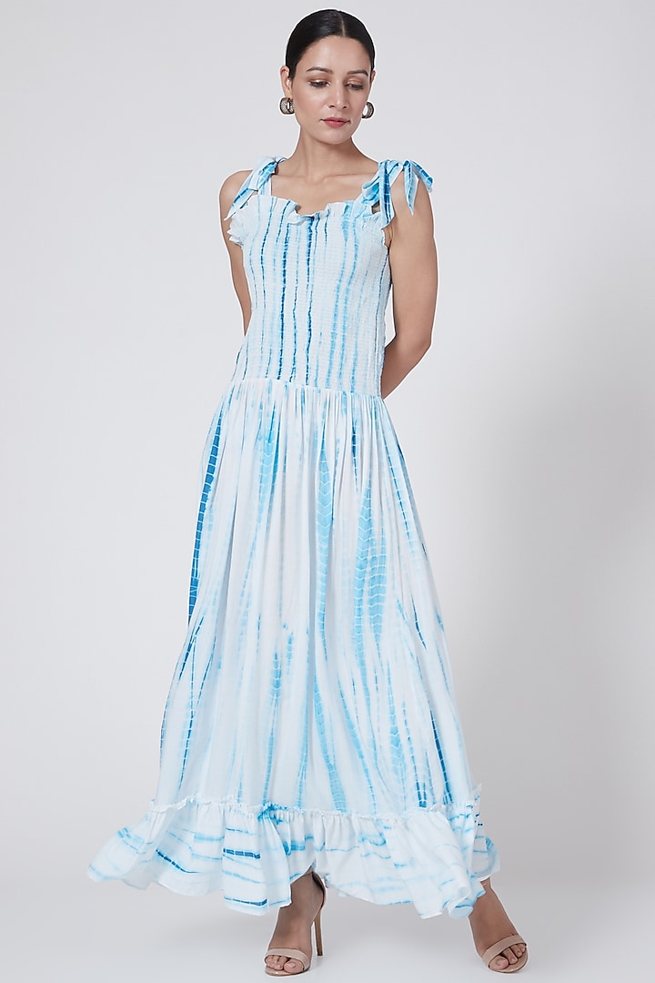 White & Blue Tie-Dye Smocked Dress by First Resort by Ramola Bachchan