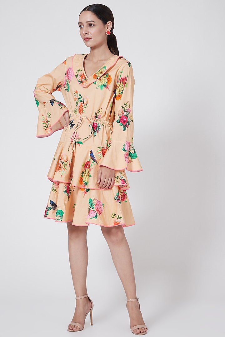 Yellow Floral Printed Dress With Frills by First Resort by Ramola Bachchan