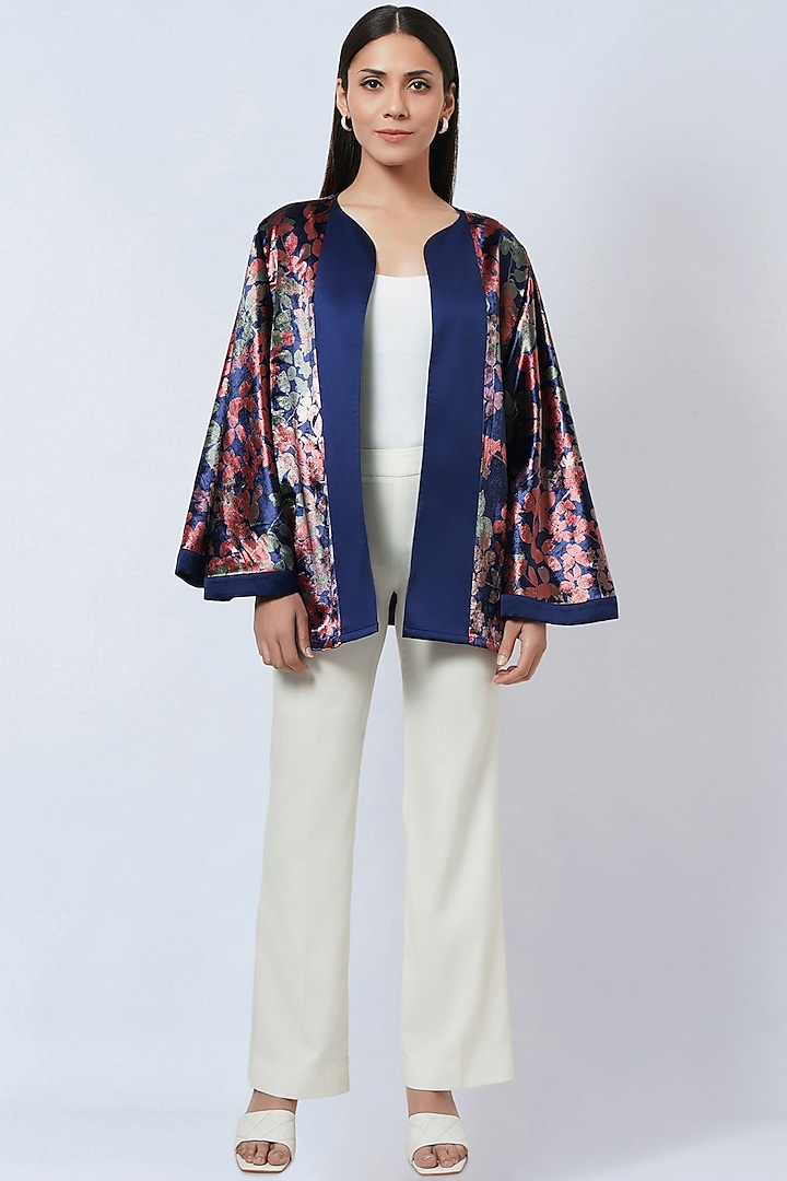 Cobalt Blue Velvet Floral Printed Cape by First Resort by Ramola Bachchan