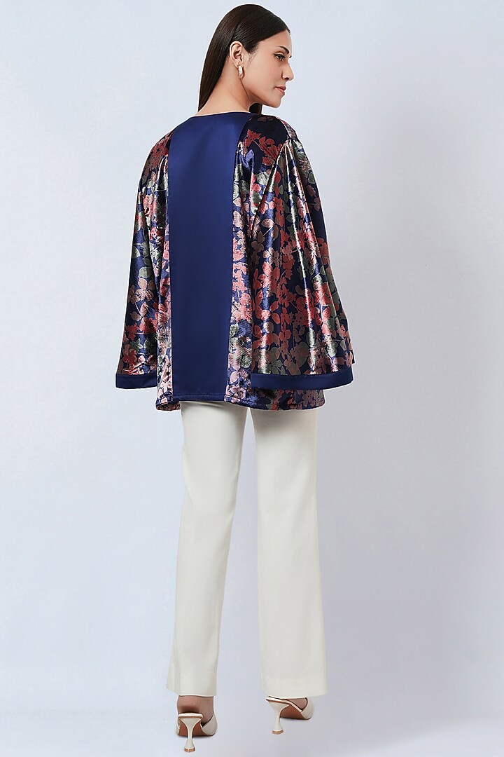 Cobalt Blue Velvet Floral Printed Cape by First Resort by Ramola Bachchan at Pernia's Pop Up Shop