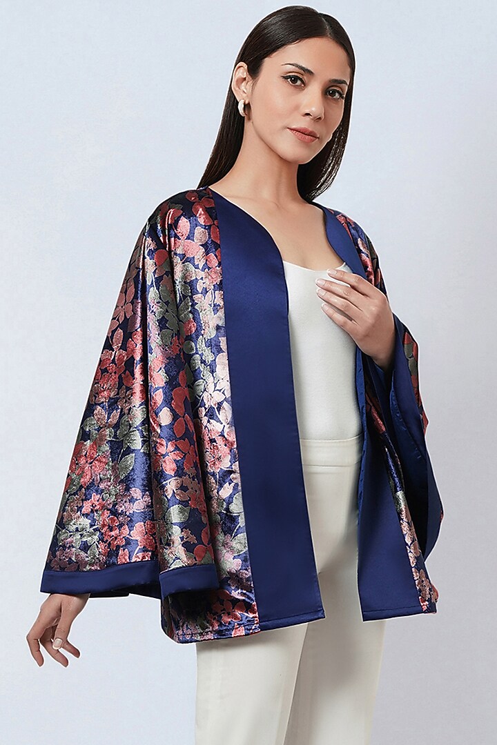 Cobalt Blue Velvet Floral Printed Cape by First Resort by Ramola Bachchan at Pernia's Pop Up Shop