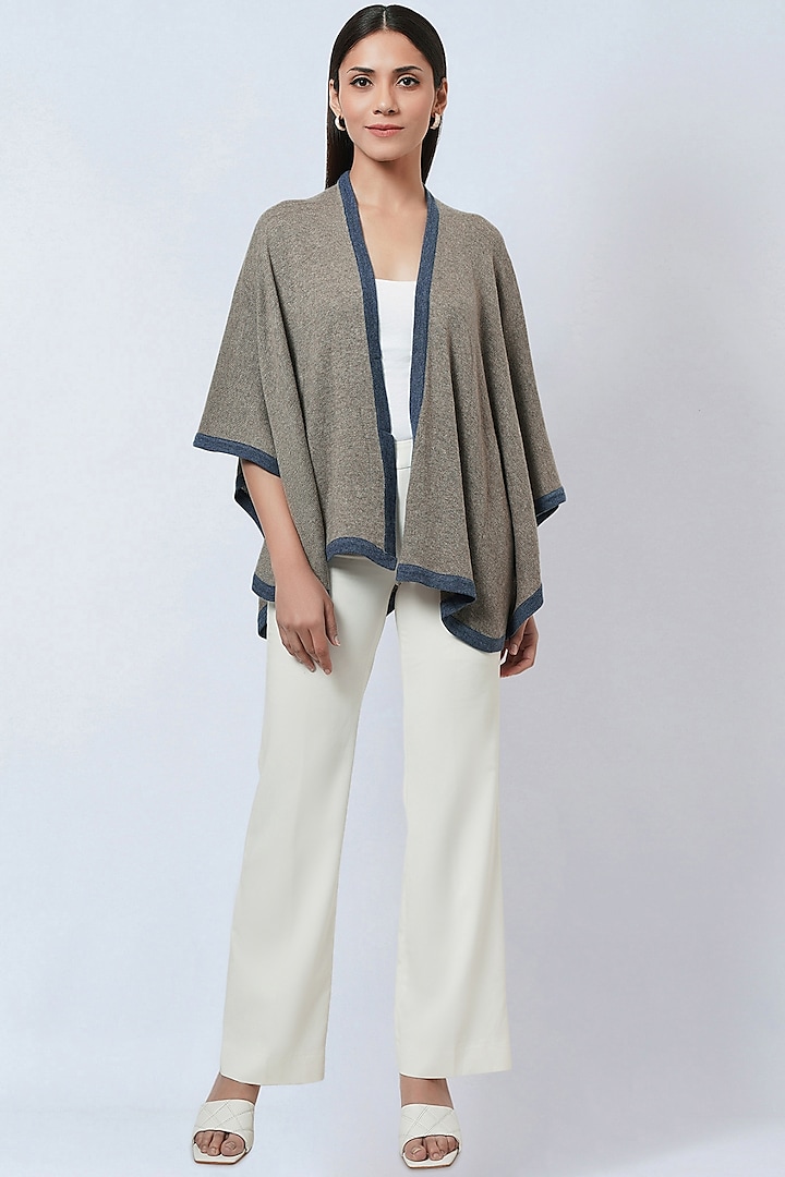 Stone Grey & Blue Cashmere Knitted Cape by First Resort by Ramola Bachchan