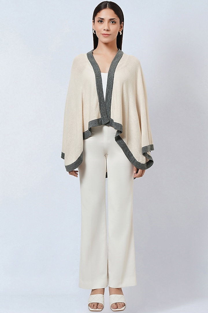 Cream & Grey Cashmere Knitted Cape by First Resort by Ramola Bachchan