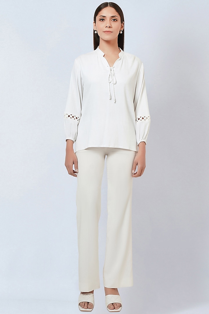 White Viscose Blouson Top by First Resort by Ramola Bachchan