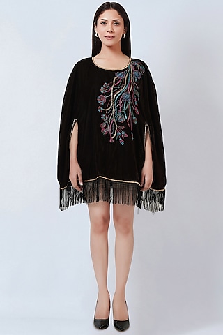 Brown Velvet Hand Embroidered Poncho Top by First Resort by Ramola Bachchan