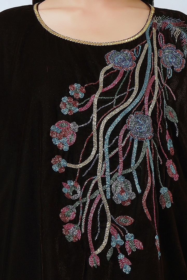 Brown Velvet Hand Embroidered Poncho Top by First Resort by Ramola Bachchan at Pernia's Pop Up Shop
