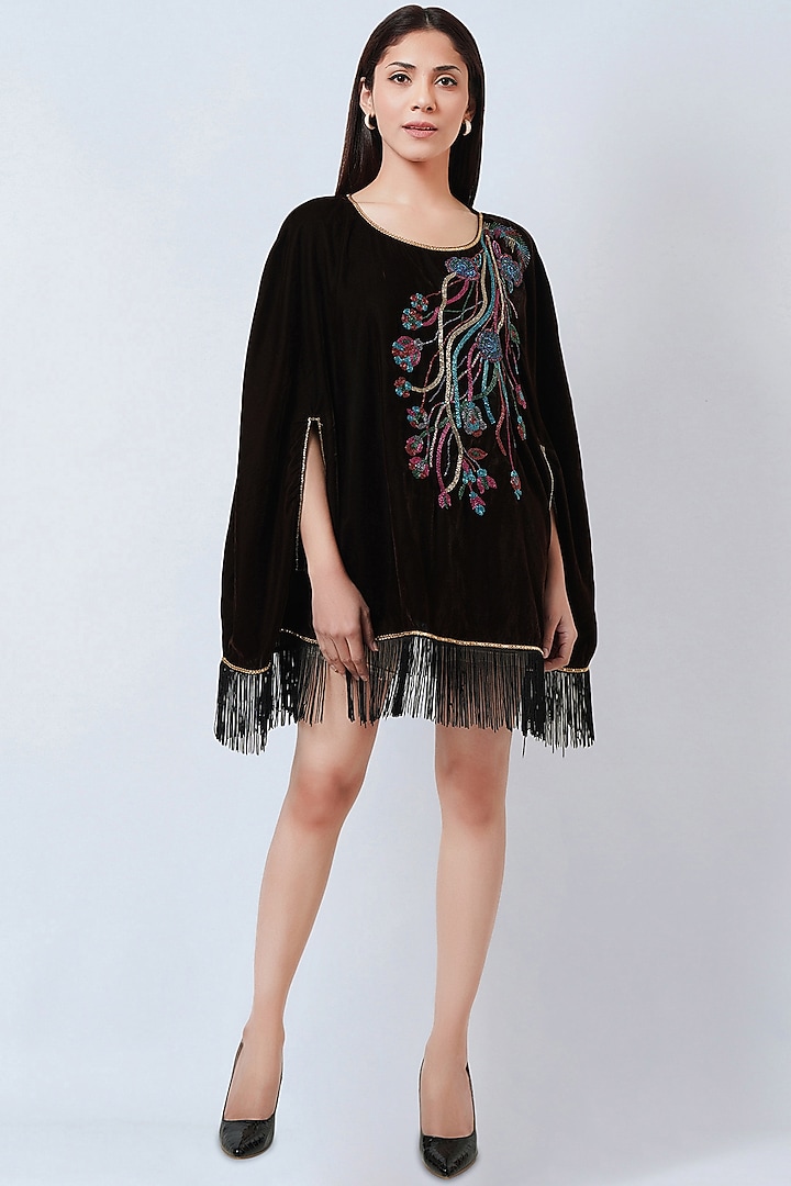 Brown Velvet Hand Embroidered Poncho Top by First Resort by Ramola Bachchan at Pernia's Pop Up Shop