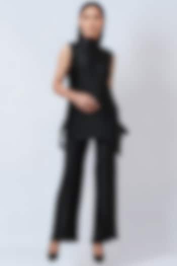 Black Polyester Satin Box Pleated Top by First Resort by Ramola Bachchan