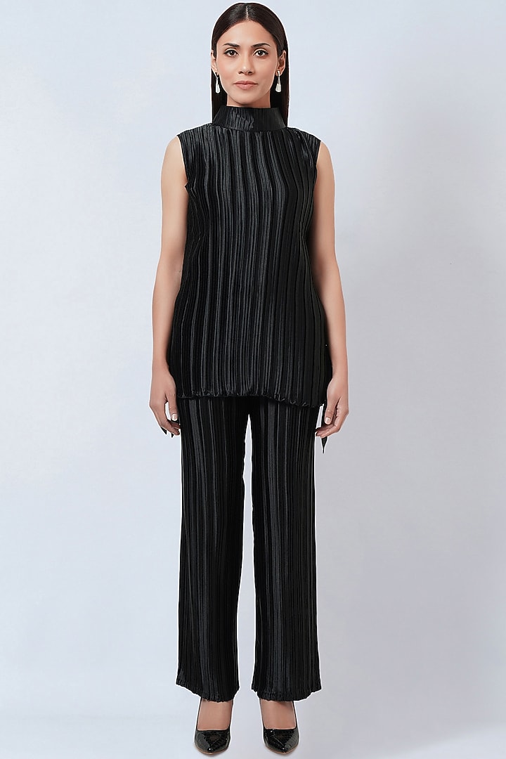 Black Polyester Satin Box Pleated Top by First Resort by Ramola Bachchan at Pernia's Pop Up Shop