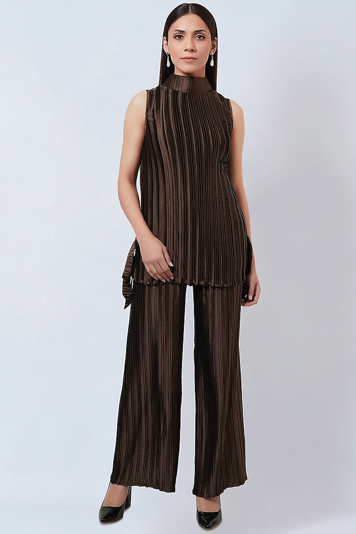 Brown Polyester Satin Box Pleated Top by First Resort by Ramola Bachchan